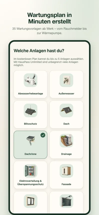 Auswahl der Anlagen für den Wartungsplan