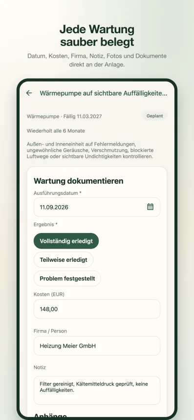 Wartung mit Datum, Kosten und Notiz dokumentieren