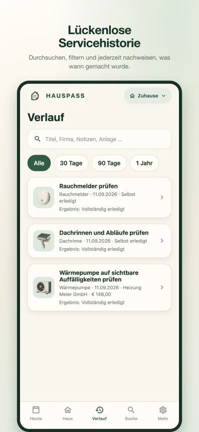 Servicehistorie mit Suche und Filter