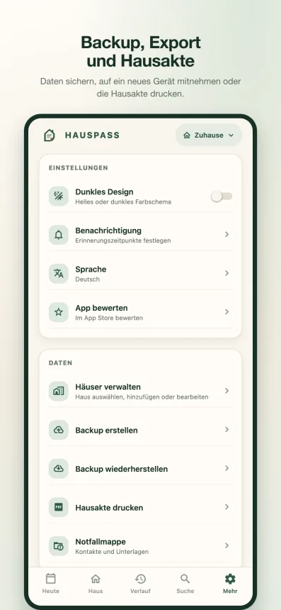 Backup, Export und Hausakte in den Einstellungen