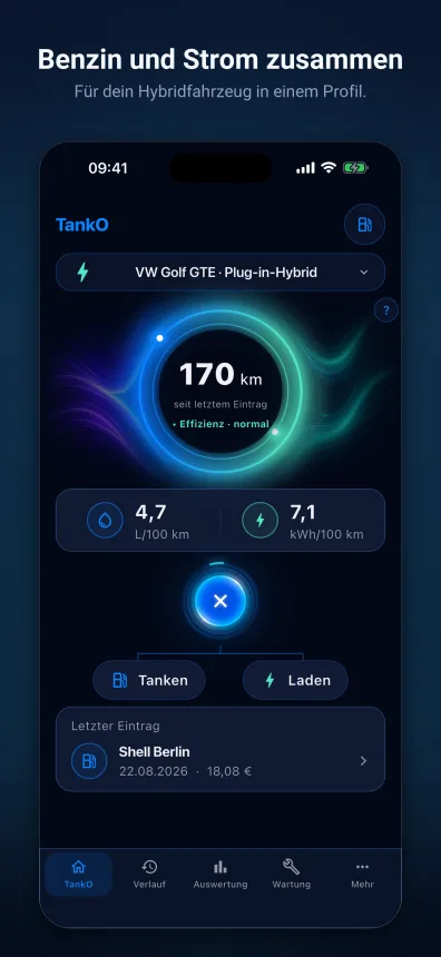 Startbildschirm mit Reichweite und Effizienz eines Plug-in-Hybrids